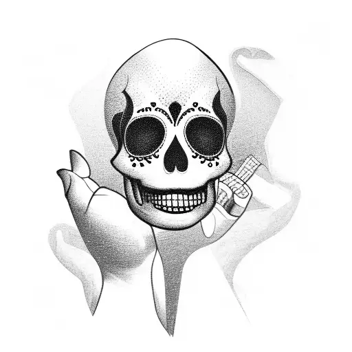 A trader's hand holding a guitar with sugar skull designs on the fingers tattoo design idea
