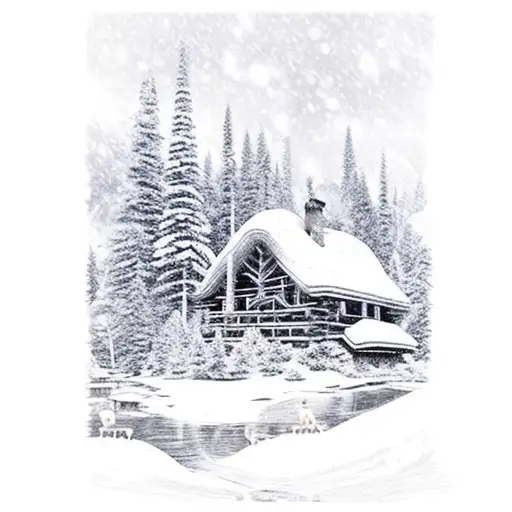 A mystical log cabin nestled in the snowy mountains, with a pack of wolves howling under the starry night sky, and a tranquil pond with a wooden bridge tattoo design idea