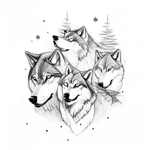 A pack of wolves howling under a starry night sky in the woods tattoo design idea