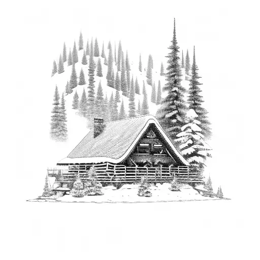 A mystical log cabin nestled in the snowy mountains, with a pack of wolves howling under the starry night sky, and a tranquil pond with a wooden bridge tattoo design idea