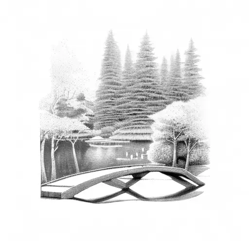 A mystical bridge over a serene pond surrounded by towering trees tattoo design idea
