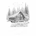 A mystical log cabin nestled in the snowy mountains, with a pack of wolves howling under the starry night sky, and a tranquil pond with a wooden bridge tattoo design idea