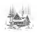 A mystical log cabin nestled in the snowy mountains, with a pack of wolves howling under the starry night sky, and a tranquil pond with a wooden bridge tattoo design idea