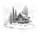 A mystical log cabin nestled in the snowy mountains, with a pack of wolves howling under the starry night sky, and a tranquil pond with a wooden bridge tattoo design idea