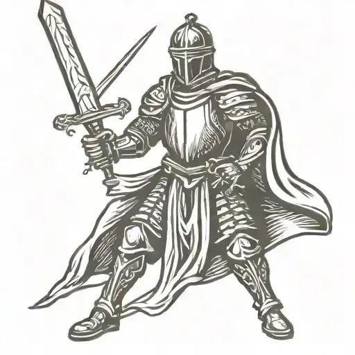 woodcut style black knight holding up a sword tattoo design idea