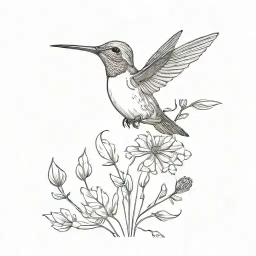 A minimalist tattoo design of a delicate hummingbird hovering over a vibrant field of wildflowers, capturing the essence of nature's beauty tattoo design idea