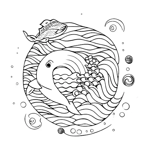 sea with mermaid, whale, fish, turtle, seashells, bubbles and waves tattoo design idea