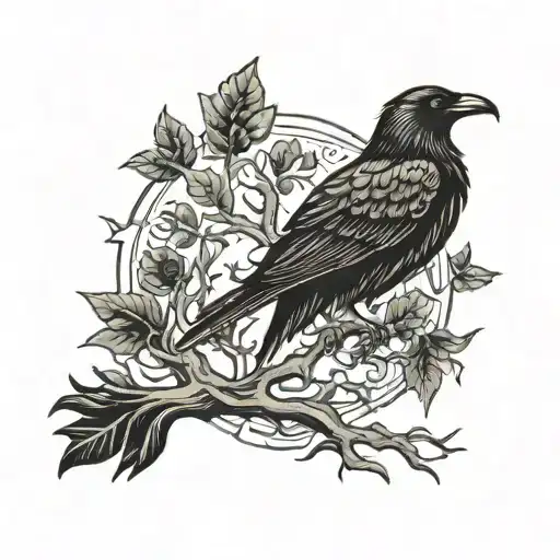 Nordic style tattoo of a tree with a black raven on top tattoo design idea