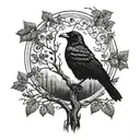 Nordic style tattoo of a tree with a black raven on top tattoo design idea
