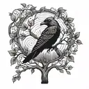 Nordic style tattoo of a tree with a black raven on top tattoo design idea