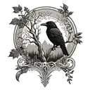 Nordic style tattoo of a tree with a black raven on top tattoo design idea