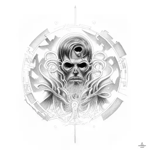 tattoo design black sharp technical tentacles are flying out of David's head, by artgerm, takato yamamoto, wlop, ruins,  tattoo design idea