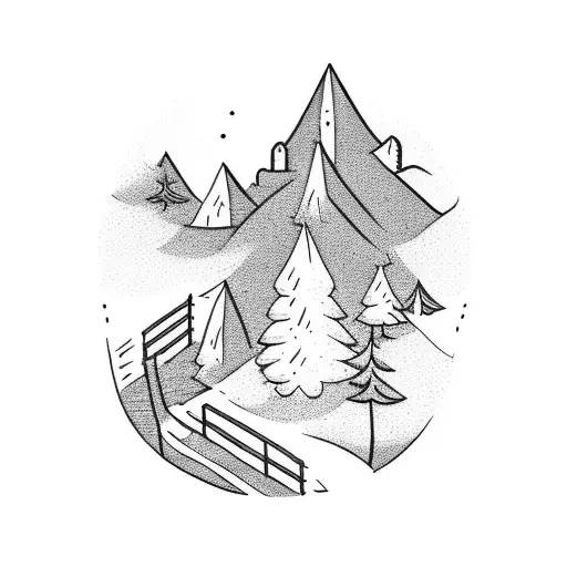 A minimalist tattoo design of a hiking trail winding through a village, with the sun shining overhead tattoo design idea