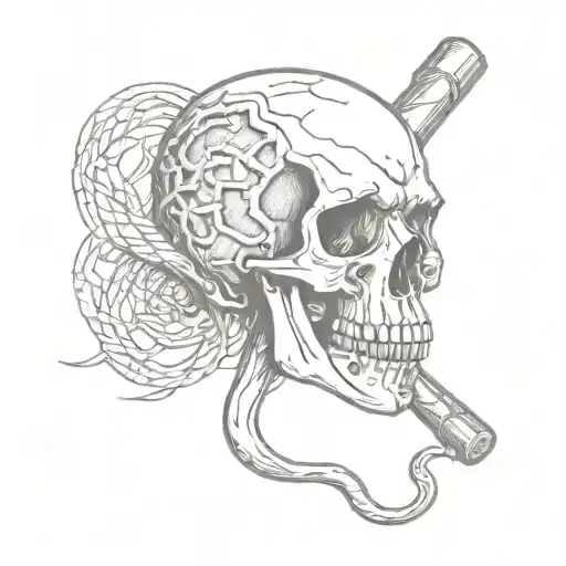 skull with a hole in its head by a framing hammer and snake coming out of the eye tattoo design idea