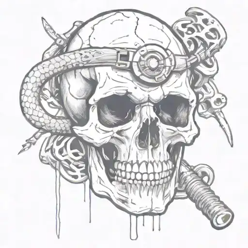 skull with a hole in its head by a framing hammer and snake coming out of the eye tattoo design idea
