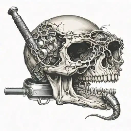 skull with a hole in its head by a framing hammer and snake coming out of the eye tattoo design idea