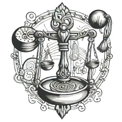 A delicate balance scale with intricate designs representing the Libra zodiac sign, surrounded by music notes and a heart symbol, symbolizing your love language and big heart. The scale could be tipping slightly to represent the blessing and curse of being a Libra. tattoo design idea