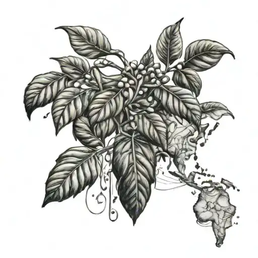A detailed blackwork tattoo of a coffee plant intertwined with a world map, symbolizing the client's love for coffee and traveling tattoo design idea
