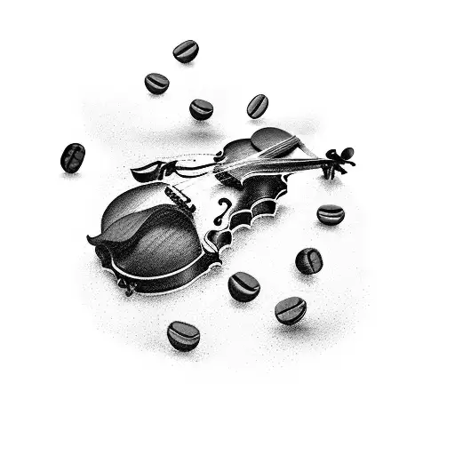 A violin with coffee beans pouring out like music notes tattoo design idea