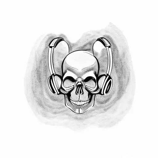 A skull wearing headphones and surrounded by Alice in Wonderland symbols tattoo design idea
