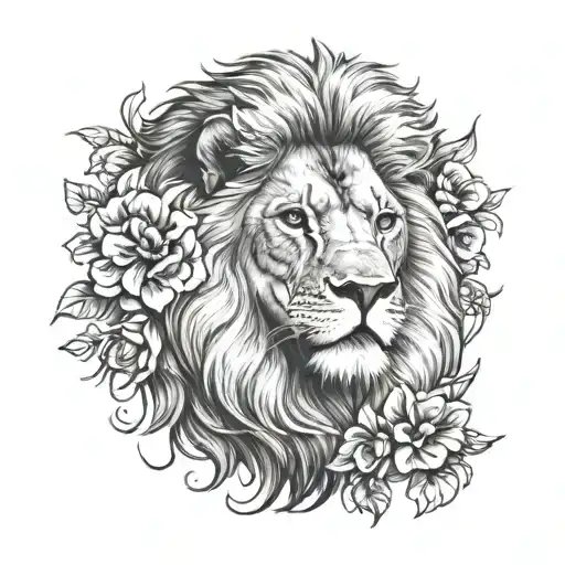 lion head with flowers behind it tattoo design idea