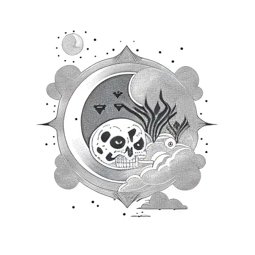 black full moon with nature symbols encircling it tattoo design idea