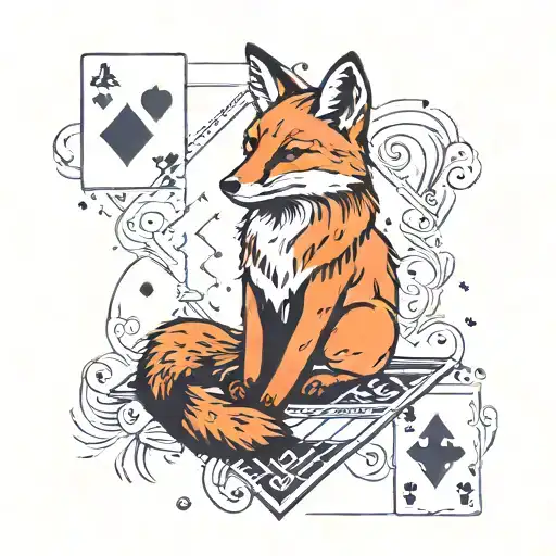 Small minimal fox sitting on a square background, accented by calligraphy brush strokes, with 4 large Aces playing cards tattoo design idea