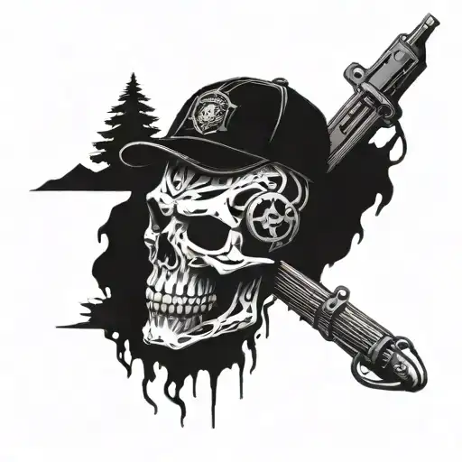 A tattoo of a skull demon surrounded by camping gear and military law enforcement symbols tattoo design idea