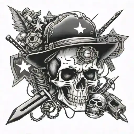 A tattoo of a skull demon surrounded by camping gear and military law enforcement symbols tattoo design idea