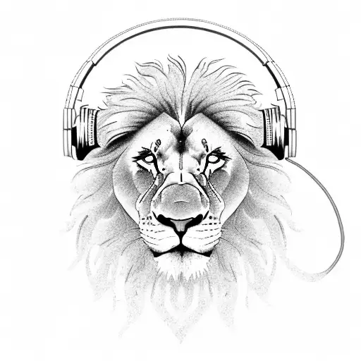 A lion wearing headphones and listening to the sound of the universe tattoo design idea