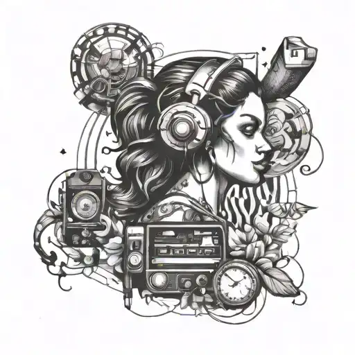 A tattoo design featuring a strong and determined woman representing your mother, surrounded by symbols of hard work to honor your father, with elements of a radio to symbolize your father's constant presence in your memories tattoo design idea