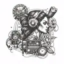 A tattoo design featuring a strong and determined woman representing your mother, surrounded by symbols of hard work to honor your father, with elements of a radio to symbolize your father's constant presence in your memories tattoo design idea