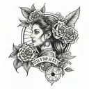 A tattoo design featuring a strong and determined woman representing your mother, surrounded by symbols of hard work to honor your father, with elements of a radio to symbolize your father's constant presence in your memories tattoo design idea