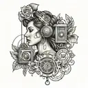 A tattoo design featuring a strong and determined woman representing your mother, surrounded by symbols of hard work to honor your father, with elements of a radio to symbolize your father's constant presence in your memories tattoo design idea