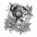 A tattoo design featuring a strong and determined woman representing your mother, surrounded by symbols of hard work to honor your father, with elements of a radio to symbolize your father's constant presence in your memories tattoo design idea