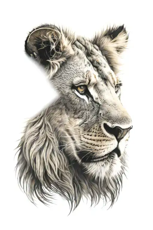 lion head with light brown eyes. one eye is detailed with baby lion and savanna in the background. tattoo design idea