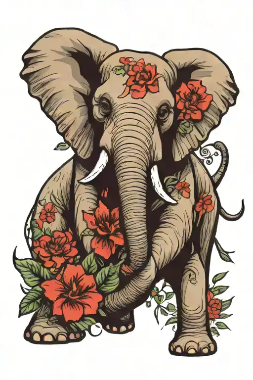 elephant w/ three red flowers blooming tattoo design idea