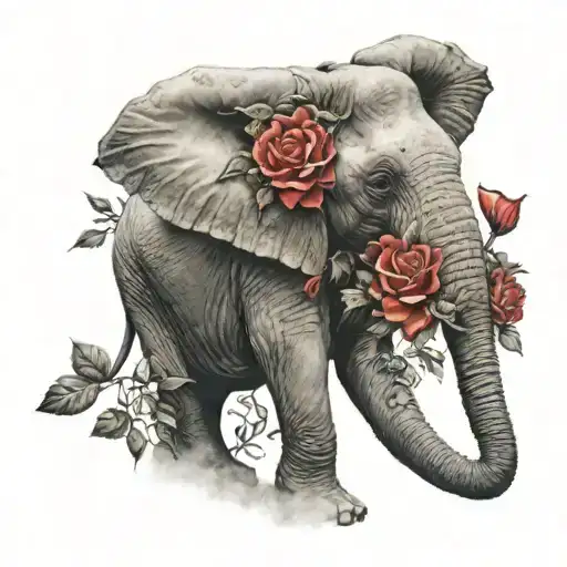 elephant w/ 3 red flowers blooming roses tattoo design idea