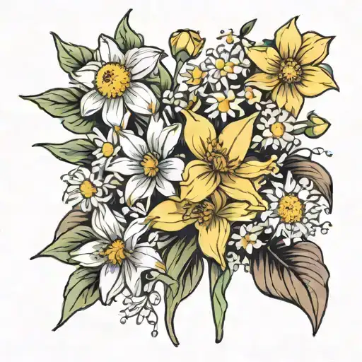 a bouquet of flowers containing two daffodils, one daisy, and three asters tattoo design idea