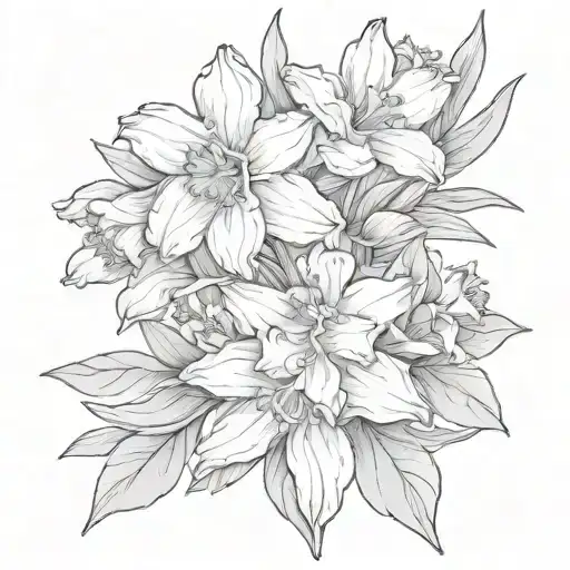 a bouquet of flowers containing two daffodils, one daisy, and three asters tattoo design idea