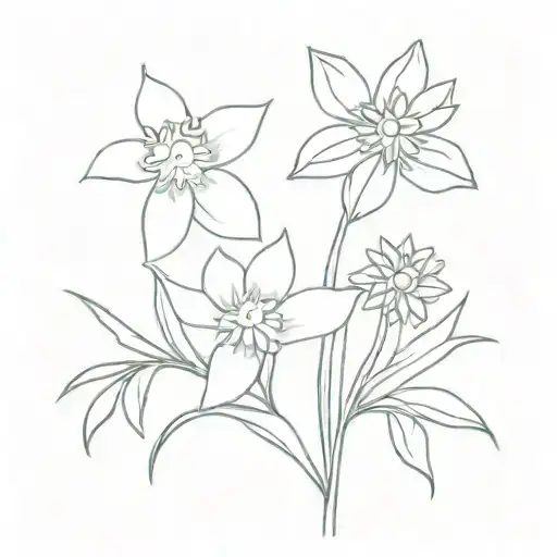 a bouquet of flowers containing two daffodils, one daisy, and three asters tattoo design idea