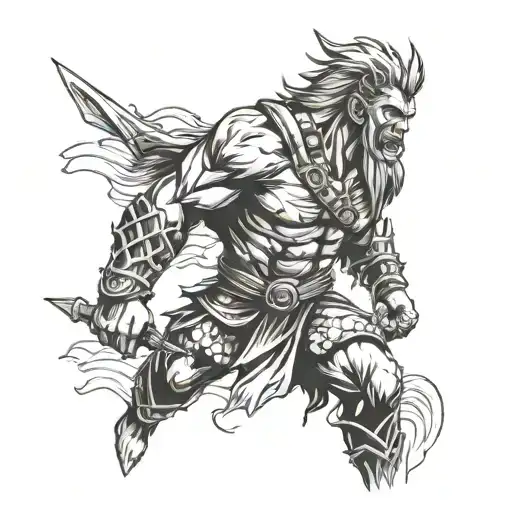 Create a tattoo design of a fierce berserker warrior in an anime style, incorporating military elements such as camouflage patterns or dog tags tattoo design idea