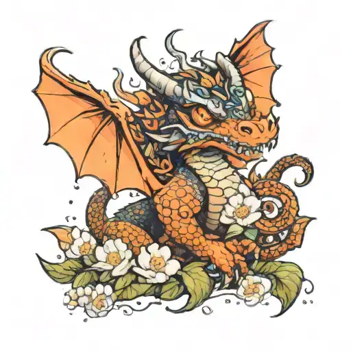 a dragon surrounded by orange blossoms holding an Exploding Kitten character  tattoo design idea