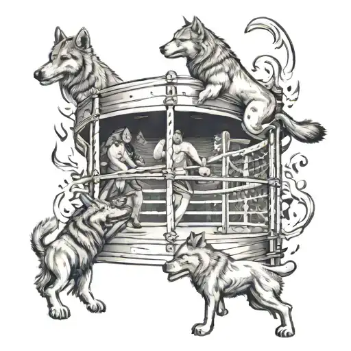 A boxing ring with wolves and angels as spectators, police sirens in the background tattoo design idea