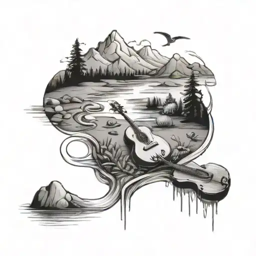 A tranquil mountain landscape with a peaceful stream flowing through, musical instruments scattered along the banks tattoo design idea