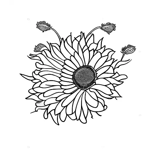 A minimalist design of a patch with all your favorite flowers: sunflower, dandelions, carnations, and dahlia tattoo design idea