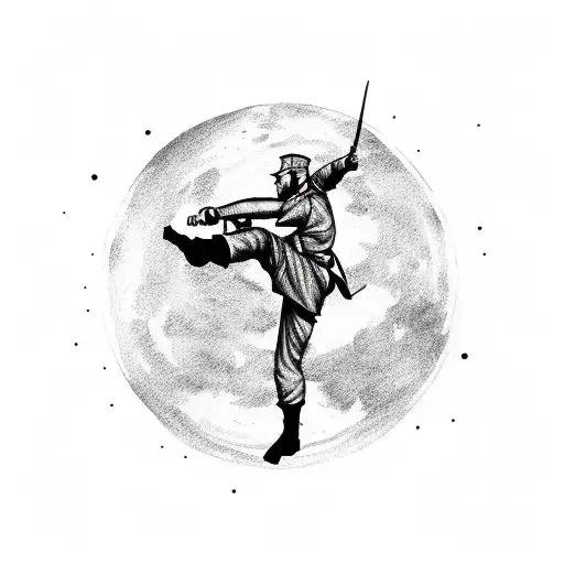 A soldier silhouette practicing martial arts under a full moon tattoo design idea