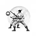 A soldier silhouette practicing martial arts under a full moon tattoo design idea