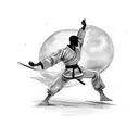 A soldier silhouette practicing martial arts under a full moon tattoo design idea