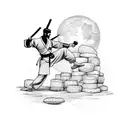 A soldier silhouette practicing martial arts under a full moon tattoo design idea